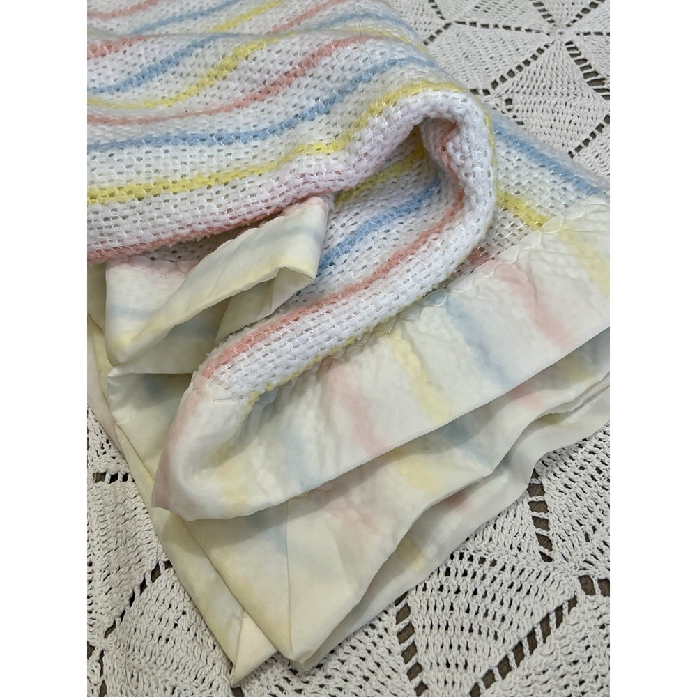 Vintage Baby Blanket Pastel Stripe Waffle Knit Satin Trim 40x40 Soft Gift Unisex